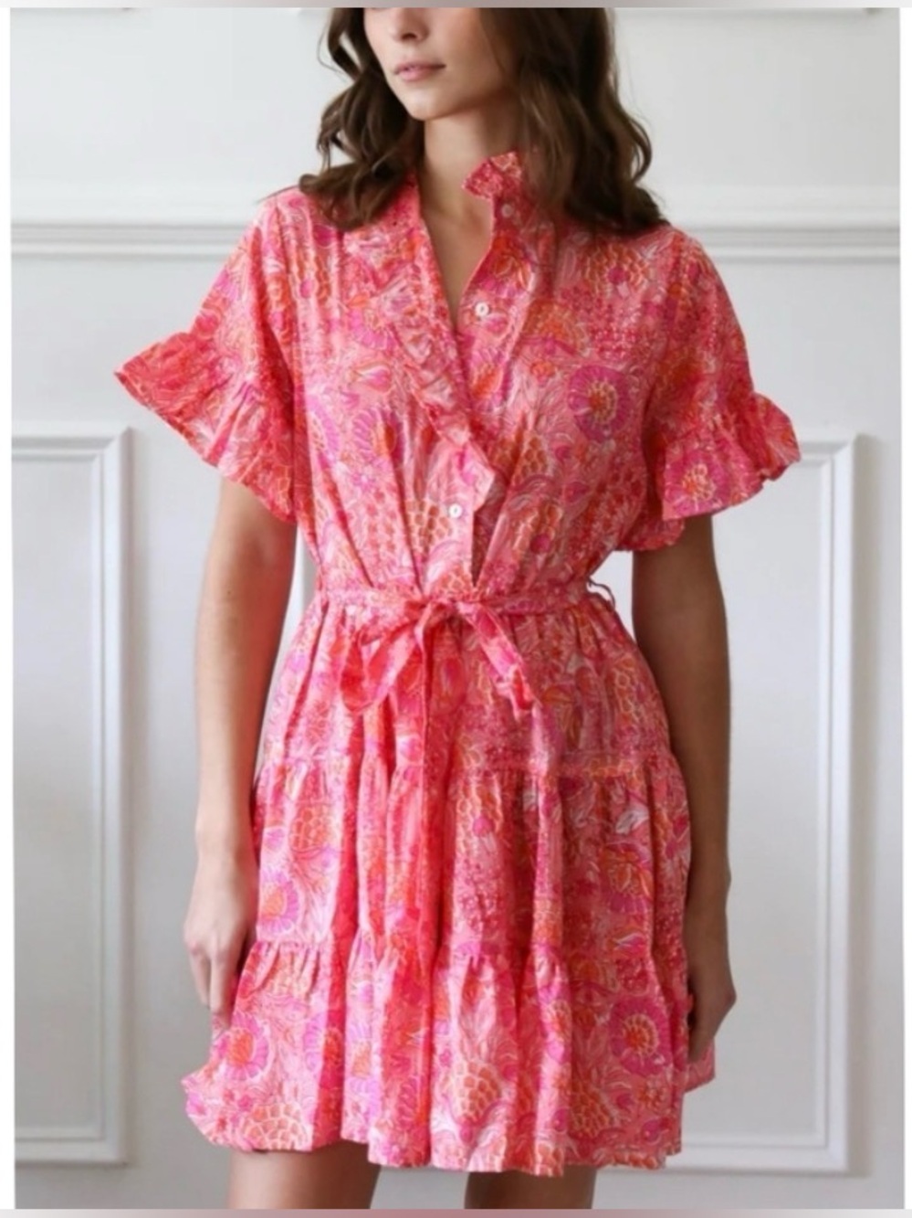 Mille Resort & Travel Violetta Pink Floral Ruffle Sleeve Tiered Dress SMALL